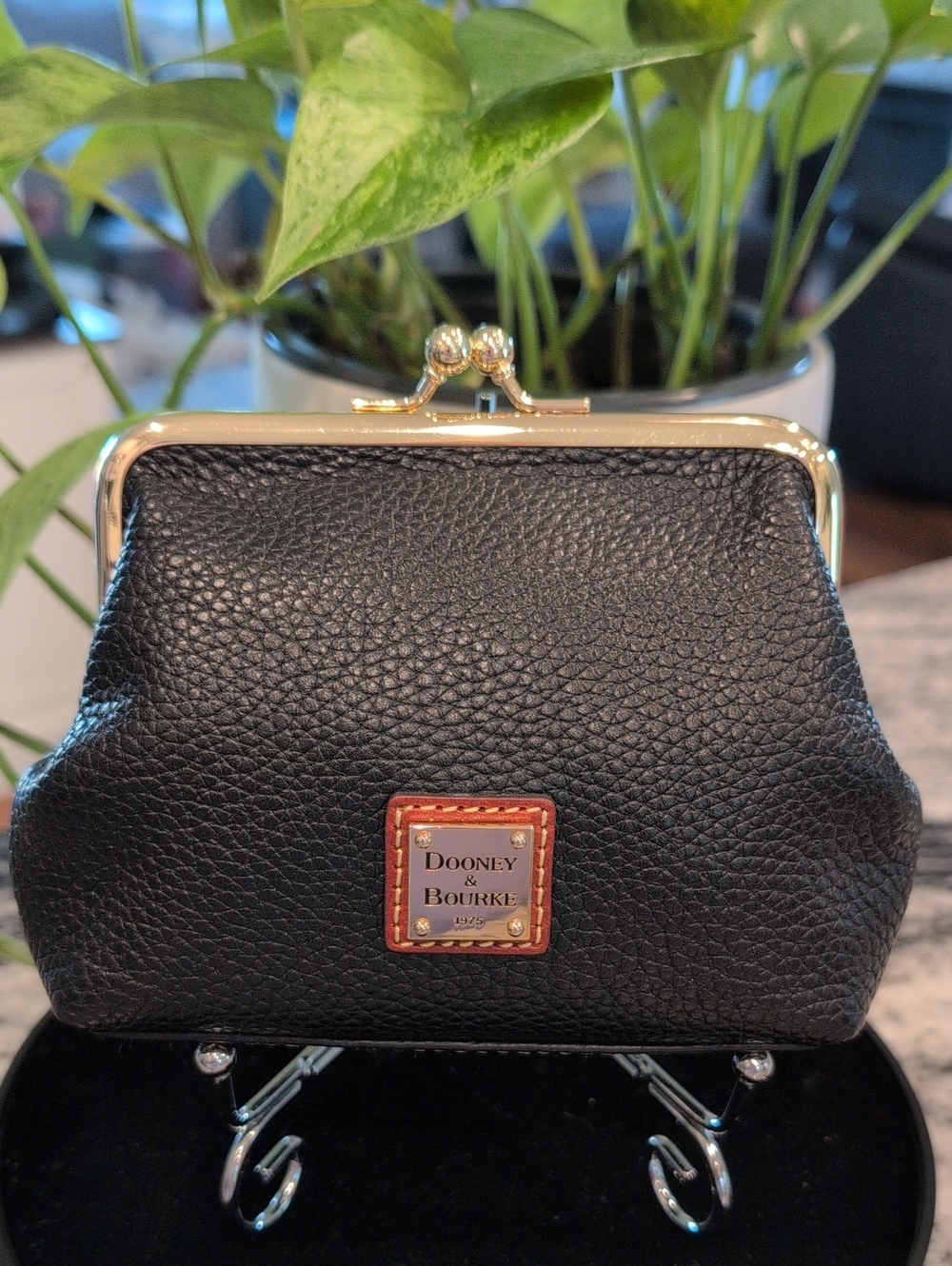Dooney & Bourke Black Pebble Leather Kiss-Lock Coin Purse with Gold Hardware